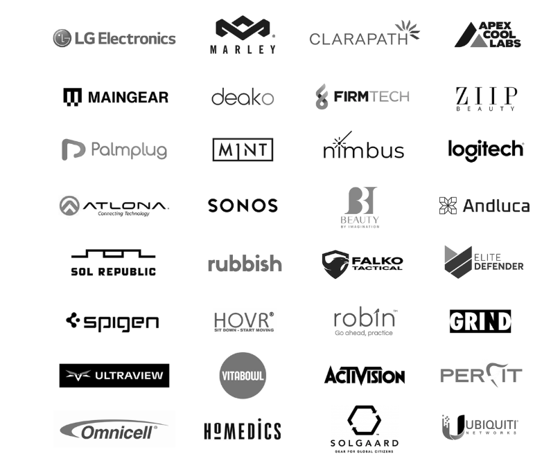 Client logos including LG Electronics, Logitech, Sonos, Activision, Ubiquiti, and more
